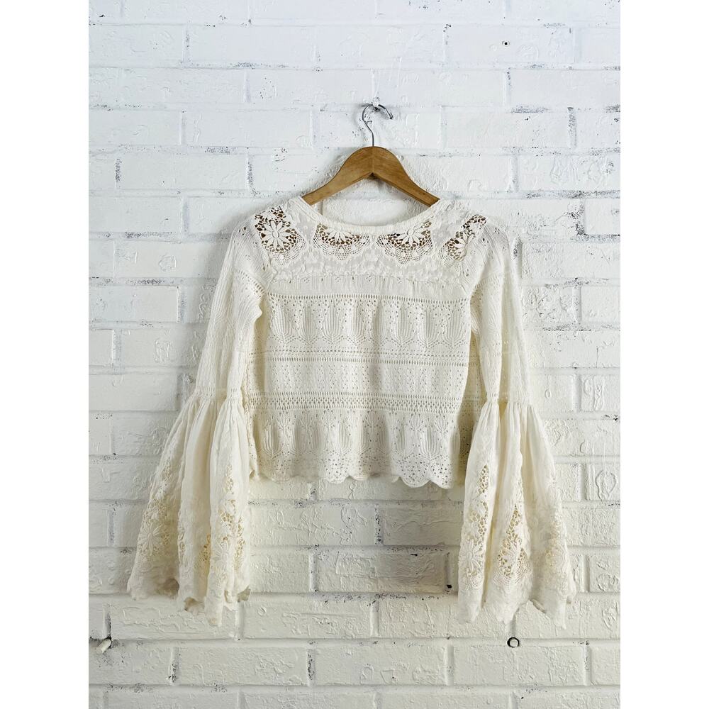 Free People Ivory Linen Blend Lace Bell Sleeve Cottagecore Boho Top XS
